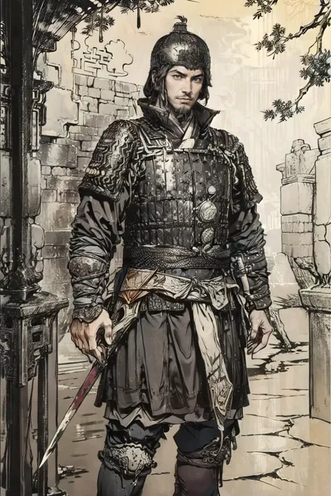 (impasto paintings:1.2),cowboy shot ,realistic, best quality, masterpiece, realistic ,<lora:more_details:0.3>,<lyco:GoodHands-beta2:1>,  light and shadow, dappled sunlight, dynamic action pose, , male warrior, physique, beard,  solo, long black hair, ancient chinese hair, chinese, ancient china, battleground, volume fog,, han_armor, chinese_armor, zhajia, tongxiukai, xuanjia, helmet ,cinematic pose,   <lora:chinese_armor_han:0.7>   <lora:Lora-Custom-ModelLiXian:0.3>,  <lora:sanguo_v1:0.7>