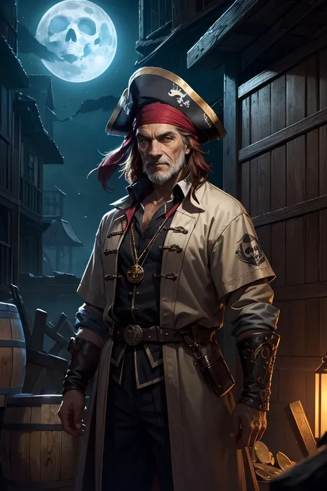 colorful, hyper detail, dramatic light, intricate details, best quality, (extremely detailed CG unity 8k wallpaper, masterpiece, best quality, ultra-detailed, best shadow), (1man, old spanish male:1.2), frail, ruby eyes, auburn hair, side-swept fringe, Style-GravityMagic, focus on character, portrait, looking at viewer, solo, half shot, detailed background, evil outlaw, gray pirate sailor uniform, amulet, cunning smile, standing, compass, dark pirate cave, skulls, flying gold coins, heaps of gold coins, too much coin to count, doubloons, wooden crates, treasure chests, weapons, barrels in background, moonlight, cinematic atmosphere, <lora:GoodHands-vanilla:1>