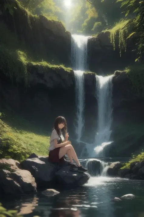 1girl, cute, looking at viewer, sitting on a rock on the side, girl sitting to the side, lake, waterfall, summer, shrubbery, bushes, sunlight, outside, Direct light, Selective focus, ((illustration)), perfect details, light particles, chromatic aberration, masterpiece, best quality, absurdres, highest quality, amazing details, hyper detail, dramatic light, intricate details. waterfall in focus