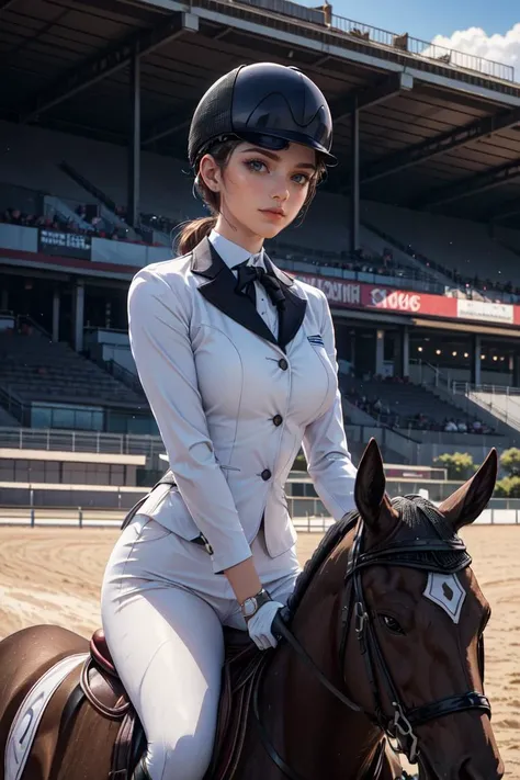 best quality, masterpiece, <lora:more_details:0.3>,<lyco:GoodHands-beta2:1>,a woman, (wearing equitation_outfit, wearing cap:1.1), white equitation_outfit, good hand, head:1.3,finely detailed skin, sharp focus, (cinematic lighting),  dynamic angle,  breasts, outside, Racetrack background,  <lora:equitation_outfit:0.6>,Depth of Field