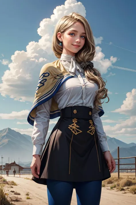 masterpiece, best quality, cowboy shot ,realistic, best quality, masterpiece, realistic ,<lora:more_details:0.5>,<lyco:GoodHands-beta2:1>, defMercedes, capelet, hair bow, white shirt, black skirt, blue leggings, upper body, standing, large breasts, cathedral, sky, cloud, outdoors, smile, serene, hands to heart <lora:mercedes-nvwls-v2:0.8>