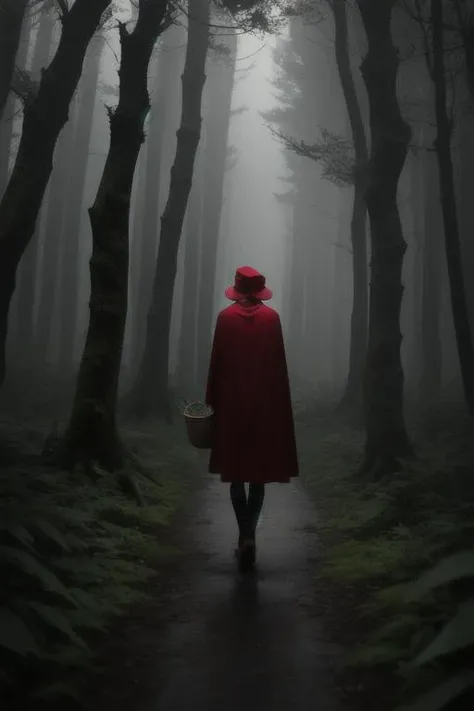 1girl, walking alone through a dark forest, gloomy lighting, red cape, red hat, basket in hand, forest, walking away, back turned