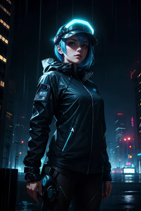 best quality, masterpiece, realistic1girl, lady with cybernetic parts, glowing visor, short light blue hair, techwear, oversized black jacket, skyscraper outdoors, neon rim light, night, rain, volumetric lighting, <lora:GoodHands-vanilla:1>
