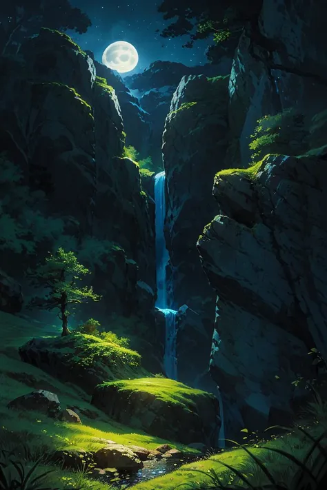 masterpiece, (((best quality))),<lora:Pyramid lora_Ghibli_n3:1>, landscape, dark night, bright  moon, weak star, cliff, wind blowing, green grass, fantasy,  magic world, waterfall,