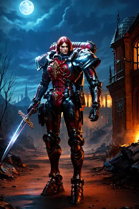 adepta sororitas of bloody rose piloting warsuit, elite imperial enforcer patrolling the desert, holding sword, wearing detailed (highly ornamented exosuit:1.2) , scifi scene, ruined castle in far distance, moonlight, , <lora:UnlimitedBladeWorks1.6:0.6> <lora:Adepta Sororitas MK1 by CARAXES:0.8>