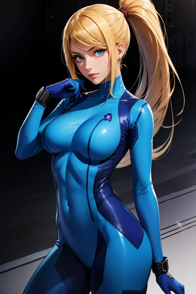 absurdres, best quality, 1girl, solo, eye focus, looking at viewer, samus aran, ponytail, hair tie, blue gloves, blue bodysuit , <lora:samus-nvwls-v1:0.9>