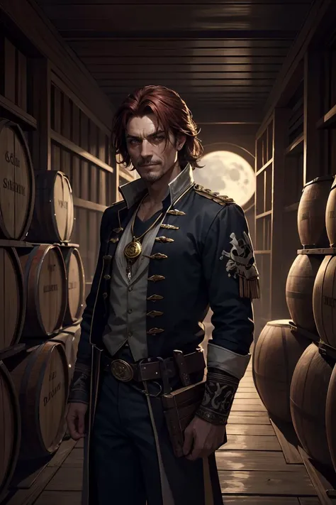 colorful, hyper detail, dramatic light, intricate details, best quality, (extremely detailed CG unity 8k wallpaper, masterpiece, best quality, ultra-detailed, best shadow), (1man, old spanish male:1.2), frail, ruby eyes, auburn hair, side-swept fringe, Style-GravityMagic, focus on character, portrait, looking at viewer, solo, half shot, detailed background, evil outlaw, gray pirate sailor uniform, amulet, cunning smile, standing, compass, dark pirate cave, skulls, flying gold coins, heaps of gold coins, too much coin to count, doubloons, wooden crates, treasure chests, weapons, barrels in background, moonlight, cinematic atmosphere, <lora:GoodHands-vanilla:1>