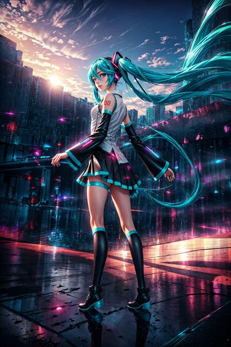 1girl, solo, hatsune miku, deailed background, standing, from side, extremely high-resolution details, photographic, realism pushed to extreme, fine texture, incredibly lifelike, <lora:more_details:0.5> <lora:epi_noiseoffset2:1>