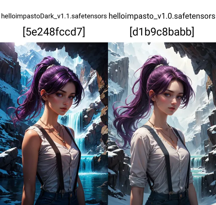 (impasto paintings:1.2),cowboy shot ,realistic, best quality, masterpiece, realistic ,<lora:more_details:0.3>,<lyco:GoodHands-beta2:1>, snow mountain waterfall background,dramatic lighting, 1girl, Flying hair, looking at viewer, upper body, (suspenders), ponytail, violet hair, sunlight, outdoors, necklace <lyco:GPTS4 dreamwave full_478773:0.3>