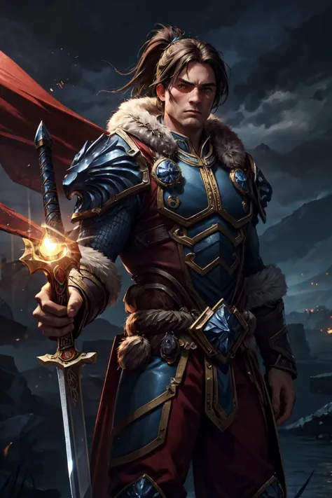 best quality, masterpiece, <lora:more_details:0.3>,<lyco:GoodHands-beta2:1>, ultra high res, masterpiece, <lora:varian:0.8>, varian, cowboy shot, Holding a long sword in hand, Atmospheric Perspective,male focus