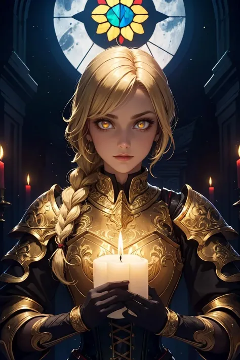 upper body of paladin lady in ornate golden armor, black collar, pauldrons, breastplate, corset, glowing halo, single braid, blonde, yellow glowing eyes, bright pupils, eye focus, temple indoors, stained glass windows, night, moonlight, candles, <lora:Alex-000012:0.1>