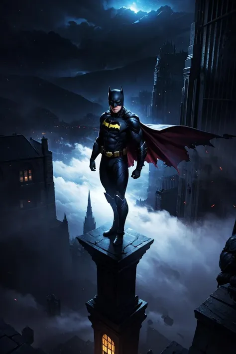 from above, muscular batman in hi-tech armor standing on gargoyle statue, looking away, torn cape, night, storehouse building, particles, fog, <lora:more_details:0.2>