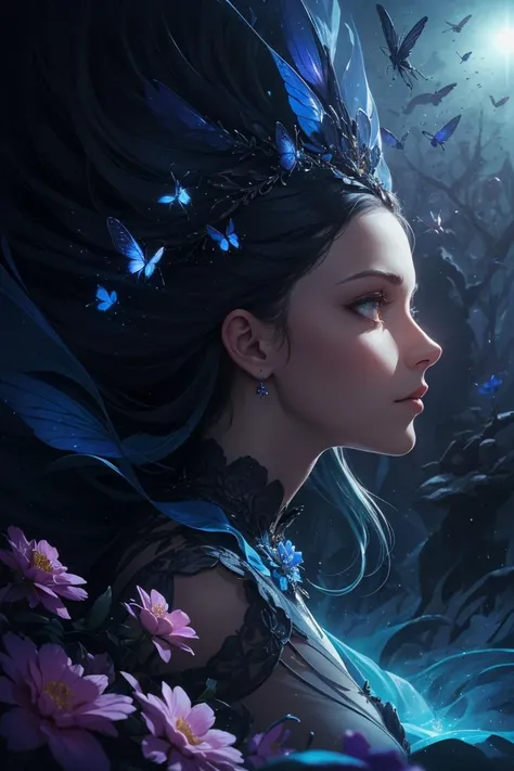 portrait , elegant, a girl, overflowing drapes, elegant, insects and flowers, cinematic, (dynamic pose), ((dramatic composition)), (best quality, masterpiece), perfect lighting, subsurface scattering, volumetric lighting, (photorealistic:1.2),by brian froud, zdzislaw beksinksi,vivid colours, romanticism,