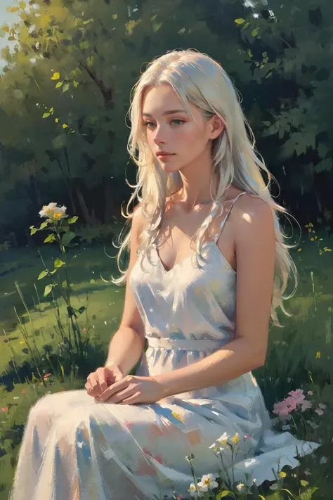 MEDIUM SHOT,<lyco:GoodHands-beta2:0.5>,high quality, masterpiece, (realistic, photo-realistic:1.2) ,high definition, ultra detailed, raw photo,1girl with long white hair sitting in a field of green plants and flowers, her hand under her chin, warm lighting, white dress, blurry foreground,nsfw ,<lora:bichu-v0612 :0.8> BICHU,OIL PAINTING,IMPRESSIONISM,