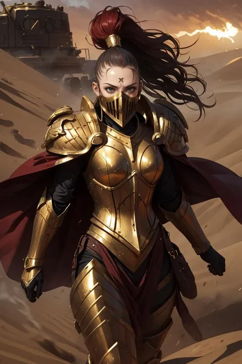 photo of 1girl, , wearing sistersilence armor, mask details, topknot,wavy hair, full armor, detailed shoulder armor, pauldron, gold armor, armor detail, gold trimmings, pelvic curtain, cape, swinging sword, facial tattoo, <lora:tool - add_detail:0.3> battle, army, firing, gun, charging, running, standing by desert storm, sandstorm, dune, dark ambiance, <lora:Sister of Silence MK1 by CARAXES:0.7> ,<lora:Alex-000012:0.2>