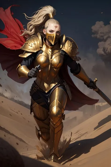 photo of 1girl, , wearing sistersilence armor, mask details, topknot,wavy hair, full armor, detailed shoulder armor, pauldron, gold armor, armor detail, gold trimmings, pelvic curtain, cape, swinging sword, facial tattoo, <lora:tool - add_detail:0.3> battle, army, firing, gun, charging, running, standing by desert storm, sandstorm, dune, dark ambiance, <lora:Sister of Silence MK1 by CARAXES:0.7> ,<lora:Alex-000012:0.2>