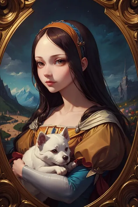 masterpiece,best quality, (in Leonardo Da Vinci style:1.3), (baroque:1.3), 1girl, hugging on ,white dog,(magical:1.3) bridge, digital painting, dreamlike, trending on artstation, award winning oil painting,fairy tales, pixar, disney, dreamworks style, surrounded by magic on a dreamlike mountain, rendered in intricate detail in a digital painting with sharp focus, inspired by fairy tales and animated movies from pixar, Disney, and dreamworks, and created by the talented artists lois van baarle, Loish, Ross Tran, Rossdraws, samis arts, and artgerm, Trending on Artstation, <lora:add_detail:0.3>, <lora:epiNoiseoffset_v2:0.4>, face focus,
