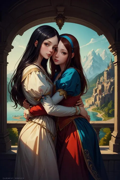 masterpiece,best quality, (in Leonardo Da Vinci style:1.3),  (baroque:1.3), 1girl, hugging on ,white dog,(magical:1.3) bridge, digital painting, dreamlike,  trending on artstation, award winning oil painting,fairy tales, pixar, disney, dreamworks style, surrounded by magic on a dreamlike mountain, rendered in intricate detail in a digital painting with sharp focus, inspired by fairy tales and animated movies from pixar, Disney, and dreamworks, and created by the talented artists lois van baarle, Loish, Ross Tran, Rossdraws,  samis arts, and artgerm, Trending on Artstation,  <lora:add_detail:0.3>,  <lora:epiNoiseoffset_v2:0.4>, face focus,