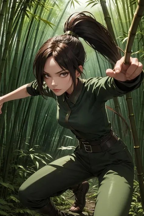 dynamic action pose,Best quality, masterpiece, 1girl,brown hair,ponytail, solo ,glossy eyes,bamboo forest background,<lora:xq:1>, <lyco:GoodHands-beta2:1>,