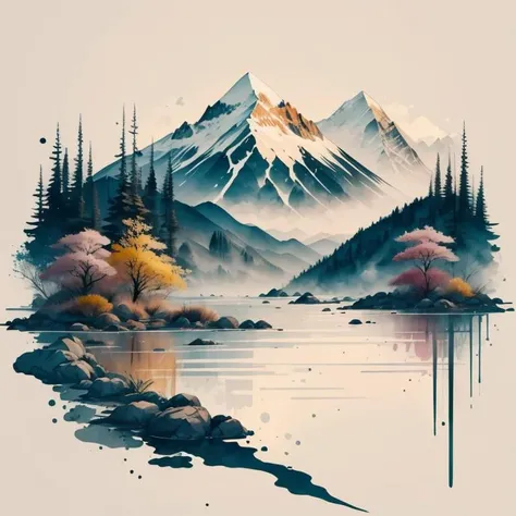 best quality,high quality, white background, scenery, ink, mountains, water, trees, <lora:ink-0.1-3-b28-bf16-D128-A1-1-ep64-768-DAdaptation-cosine:0.8>, <lora:shuV2:0.3>