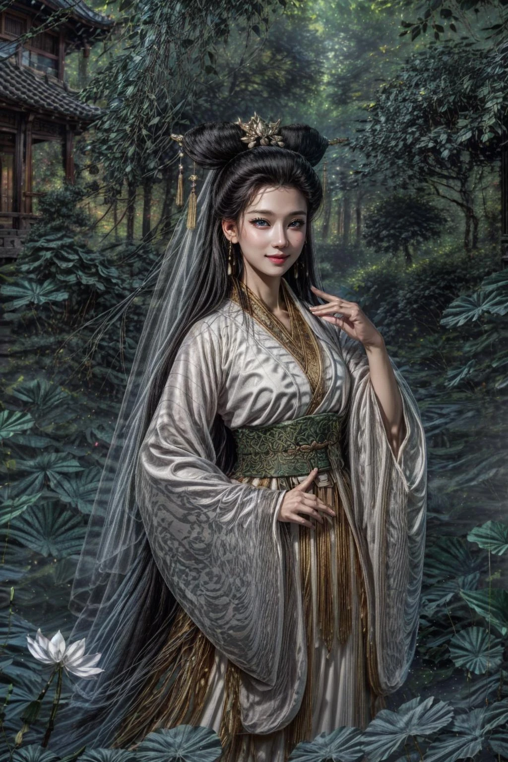 <(realistic:1.3), (photorealistic:1.4), best quality, masterpiece, ultra high res, finely detailed, quality, detailed background, detailed face, realistic lighting, photograph, (masterpiece:1.2), (photorealistic:1.2), (best quality), (detailed skin:1.3), (intricate details), raw photo>, BREAK, 1girl, solo, looking at viewer, 21 years old, korean cute girl, earrings, jewelry, realistic, portrait, lips, nose, long hair, brown hair, medium breasts, (warm smile, smile, cute smile, smiling, happy expression, blush, Pink lips, Pink lip colour, closed mouth, blue eyes, light smile, Happy, Proud:1.1),(at Dawn, at Golden hour, at Sunrise, Clear skies, Meadow, Sun, Clouds, Starlight, River, Bridge, Bamboo, Autumn, Spring, Serenity, Walking trail:1.2), brilliant colors, (explosive light and shadow:1.2), (hand of Guido Daniele:1.4), (Baisuzhen, white hanfu, veil, (((Willow leaf))), ((floral background)), lake, boat, sky, sexy, slim, light particles, wallpaper, chromatic aberration:1.4), (A scene of a waterfall cascading down a high cliff amongst lush greenery, adorned by vibrant flowers, towering pines, and delicate bamboo groves, sakura, beautiful view, lush green mountains, winding rivers, misty atmosphere, solitary, intricate details, delicate features, verdant trees, blooming flowers, soft moss, deep forest, intricate leaves and vines, wisps of light, still pool of water, pristine, verdant green, A picturesque scene of a waterfall cascading down a high cliff amongst lush greenery, adorned by vibrant flowers, towering pines, and delicate bamboo groves:1.4), (goddess women, aura, most beautiful artwork in the world, atmosphere:1.2), (depth of field:1.4), (palace, a girl in hanfu, mountain, river, old tree, ornaments detailed, traditional clothes, water, chinese clothes, sash, tree, petals, hair ornament, floating hair, falling petals, flower, chinese traditional architecture, ancient art, chinese style, Chinese, lake background, chinese buildings, misty lake, ancient chinese background, after the rain, wet grass and trees, waterfall, flying splashes, flying petals, leaves, bloom, bloom effect, surrounded by heavy floating petal flow, petal, leaves falling from the tree, mountainous backdrop, authentic cultural experience, quiet whispers, hushed conversations, tranquil silence, crisp air, soulful melodies, a sense of belonging, bonding with nature, quiet reflection:1.3), (mountain background, forest, river in background, water reflection:1.3), (long legs:1.3), (impactful picture, joshua middleton comic cover art, hypermaximalist, instagram contest winner, fashion color scheme, trending on cgsociety, playful illustrations, imaginative overlays, artistic fusion, fantastical scenes, evocative narratives, striking visuals:1.3), (Glowing ambiance, enchanting radiance, luminous lighting, ethereal atmosphere, mesmerizing glow, evocative hues, captivating coloration, enchanting aura, melanchonic soft light, photorealistic faces:1.4), (floating hair, bloom, bloom effect, random patterns, energetic movement, bold colors, dynamic texture, spontaneous creativity:1.2), (outdoors, landscape, breeze, ethereal, scenery, nature, wind:1.2), (colorful refraction, iridescent colors, Iridescence:1.2), (Luminescent Particles:1.3), (eye focus, face focus, character focus, close-up face:1.3), (dynamic pose, dynamic angle, dutch angle, cowboy shot:1.4), official art, ultra detailed, beautiful and aesthetic, beautiful, (zentangle, mandala, tangle, entangle), (ecstasy of flower:1.2), the most beautiful form of chaos, elegant, a brutalist designed, vivid colours, romanticism, atmospheric, (full body:1.1), warm tone, soft light, (narrow waist:1.4), dynamic pose, reflection, (refraction:1.4), (hyperrealism:1.4), BREAK, <film grain, film, F/1.8, made of Bone, delicate, unreal engine, artstation, anime key visual, Ultrarealistic, Peaceful, Hopeful, Kodak Ektar, 80mm, Neoclassicism, rim light, Selective focus, Detailed illustration, Lens Flare, short lighting, Cinestill, behance HD, layered textures, sketch, moody lighting, Oversaturated, overlapping compositions, Vaporwave Art, Rembrandt lighting, extremely detailed CG Unity 8k wallpaper, Velvia, dramatic lighting, Accent lighting, Lomography, specular lighting, Screen print, Technicolor, opulent, contest winner, hair light, hearthstone artwork, cinematic, absurdres, dramatic, ray tracing, Polaroid, Instagram, broad lighting, film camera, Circular polarizer, UHD, dslr, Sony A7, Kodak gold 200, Flickr, drawing, close up, Nikon D5, ultra sharp, key visual, surreal, PBR Texturing, Anisotropic Filtering, Albedo And Specular Maps, Multi-Layered Textures, Surface Shading, Sub-Pixel Convolution, Accurate Simulation Of Light-Material Interaction, blurry foreground, volumetric light effect, perfectly defined features, volumetric lighting, Tone Mapping, Lumen Reflections, Global illumination, Ray Tracing, Screen Space Global Illumination, Accent Lighting, 32k, Natural Lighting, volumetric, Rule of thirds, high dynamic range, Multi-exposure HDR capture, atmospheric perspective, 4k textures, professional color grading, professional color correction, aerial perspective, dynamic lighting, sharp details, bold hues, atmospheric depth, aesthetics, intricate designs, ultra realistic digital art, (fractal art), elegant, vivid colours, floating particles, particles, epic, (ink drawing, oil painting detailed), huge filesize, 8k uhd, trending on artstation, award-winning glamour photograph, highly detailed photo, Amazing, analog, digital painting, concept art, Oil Painting, illustration, Classical art, Renaissance, Romanticism, Neoclassicism, Color Palette, depth and contrast, Vibrant colors, saturated, rich saturation, color harmony, vivid palette, concept-art, design style, detail character, concept render, colorful, analog photography, dreamy atmosphere, specular highlights, atmospheric lighting, (shiny, clothes reflecting light, lens flare, bloom effect, light particle, lens glare:1.3), realistic light, realistic lighting, light in the face, soft lighting, saturated colors, detailed background, sharp focus, 8k high definition, perspective, Master Composition, roughness, post-processing, soft shadows, realistic shadows, ambient occlusion, ray-tracing, subsurface scattering, photon mapping, physically-based rendering, octane rendering, unreal engine 5, ue5 rendering, Adobe After FX, dslr, RTX, Best character details, radiosity, sharp, antialiased, (((Photographed by Roger Deakins, using a RED Monstro 8K VV camera))), ((Hasselblad photography)), ((Fujifilm X-T5)), professional photograph, diffuse lighting, two tone lighting, high resolution scan, professionally color graded, photographic reality, automatic white balance, best lighting, detailed shadow, high contrast>, BREAK, (PureErosFace_V1:0.4), (ulzzang-6500:0.6), <lora:epiNoiseoffset_v3:2>, <lora:add_detail:0.6>, <lora:hipoly_3dcg_v7-epoch-000012:0.6>, (kbxll:0.6), <lora:more_details:0.6>, <lora:Baisuzhen_v1:0.8>, <lora:GoodHands-beta2:1>