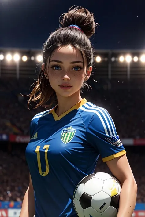 beautiful:1.2, (cute:1.3) (curvy:0.7), female soccer player in a crowded stadium, soccer ball, (smiling:0.7), detailed skin, (realistic skin:1.2), (freckles:0.9), blue eyes, full lips, broad cheek, masterpiece, ultra realistic, realistic light, (saturation), photorealistic, best quality, <lora:GoodHands-vanilla:1>