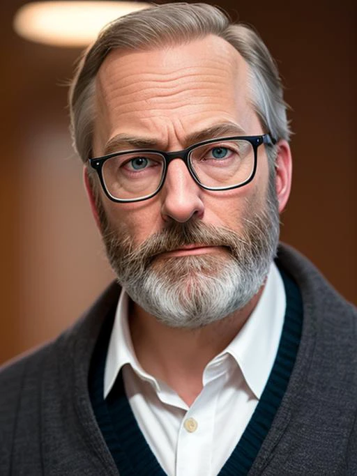 photo of (LuckyHank:0.99), a bearded man wearing glasses, wearing a red blouse, with a black cardigan, with a pearl necklace, detailed face, realistic skin, high quality, (brown eyes:1.1), Leica 50mm, f1. 4, natural light, grainy, (high detailed skin:1.2)