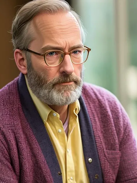 photo of (LuckyHank:0.99), a bearded man wearing glasses, wearing a pink cardigan, with a yellow blouse, with a pearl necklace, detailed face, realistic skin, high quality, (brown eyes:1.1), Leica 50mm, f1. 4, natural light, grainy, (high detailed skin:1.2)