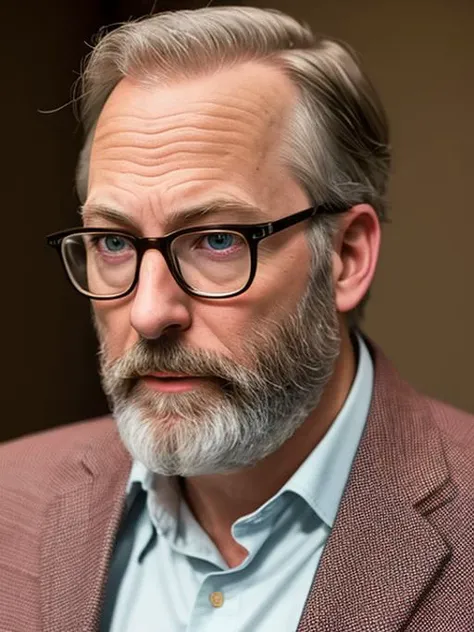 photo of (LuckyHank:0.99), a bearded man wearing glasses, wearing a patterned button-up shirt, with a sport coat, with a pocket square, detailed face, realistic skin, high quality, (brown eyes:1.1), Leica 50mm, f1. 4, natural light, grainy, (high detailed skin:1.2)