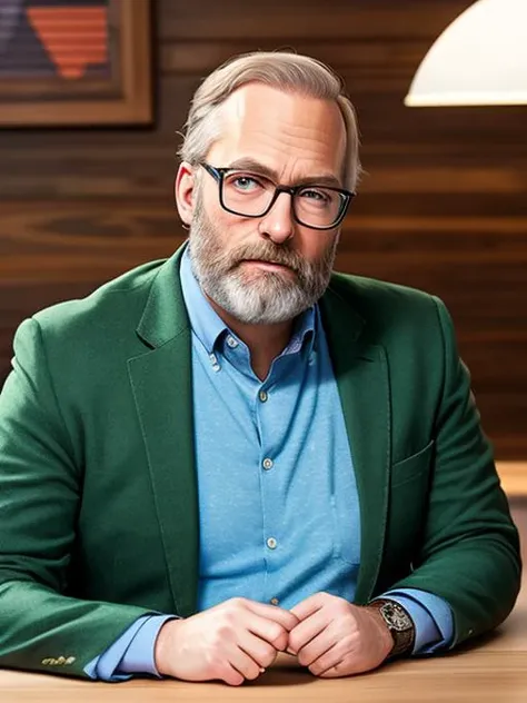 photo of (LuckyHank:0.99), a bearded man wearing glasses, wearing a purple turtleneck, with a green blazer, with a gold bangle bracelets, detailed face, realistic skin, high quality, (brown eyes:1.1), Leica 50mm, f1. 4, natural light, grainy, (high detailed skin:1.2)