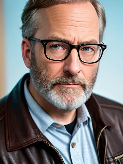 photo of (LuckyHank:0.99), a bearded man wearing glasses, wearing a black leather jacket, with a purple t-shirt, with a black boots, detailed face, realistic skin, high quality, (brown eyes:1.1), Leica 50mm, f1. 4, natural light, grainy, (high detailed skin:1.2)