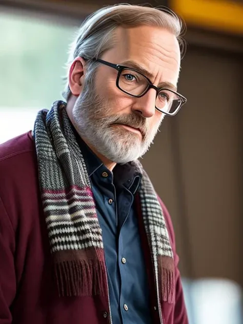 photo of (LuckyHank:0.99), a bearded man wearing glasses, wearing a patterned scarf, with a maroon polo shirt, with a black sports jacket,  detailed face, realistic skin, high quality, (brown eyes:1.1), Leica 50mm, f1. 4, natural light, grainy, (high detailed skin:1.2)