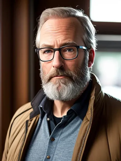 photo of (LuckyHank:0.99), a bearded man wearing glasses, wearing a Black puffer jacket, grey sweater, with a blue jeans, detailed face, realistic skin, high quality, (brown eyes:1.1), Leica 50mm, f1. 4, natural light, grainy, (high detailed skin:1.2)