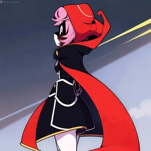 <lora:UTRedLORA:1>, 1girl, abs, winter background, cape, full body, holding, hooded cape, medium breasts, mask, medium breasts, pink hair, solo
decently dressed, jeans, fur down jacket, steam from mouth, winter background, pants jeans, standing pose,
(back view:1.1), downed fur hood, tilted, hand on belt, small ass