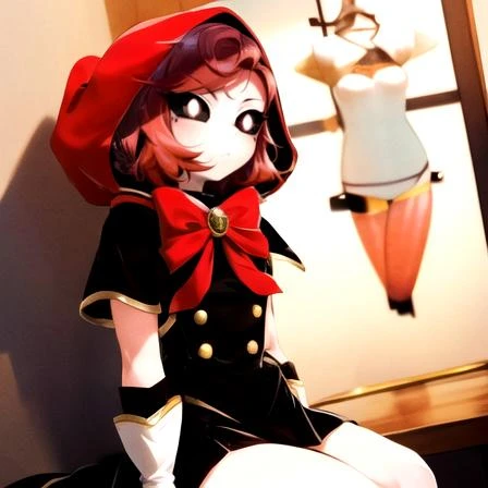 , masterpiece, Highest Quality, Highest Resolution, perfect background, perfect perspective, sharp image, perfect details, perfect lighting, perfect shadows, Perfect lighting, Best background, 1girl, red, red hood, pink hair, white gloves, black eyes, colored sclera, hood up, bow, indoors, thighs, white pupils,