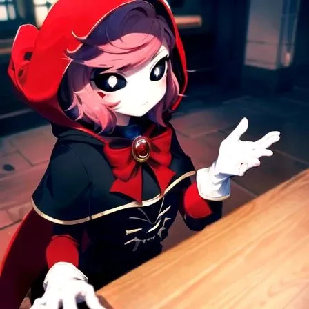 , masterpiece, Highest Quality, Highest Resolution, perfect background, perfect perspective, sharp image, perfect details, perfect lighting, perfect shadows, Perfect lighting, Best background, 1girl, red, red hood, pink hair, white gloves, black eyes, colored sclera, hood up, bow, white pupils,