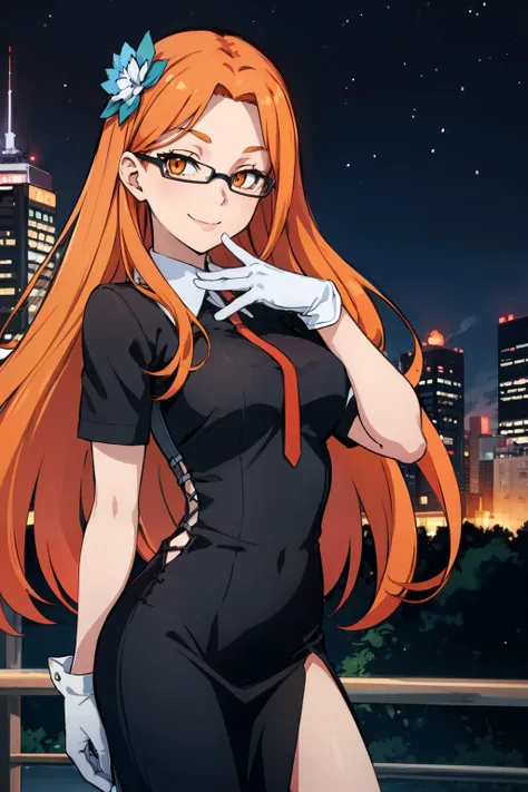 best quality, masterpiece, 1girl, solo, a cute picture of hinakodesu2, (orange hair:1.2), (long hair:1.2), orange eyes, glasses, gloves, skirt, (black long dress:1.2), (short sleeves:1.2), (white collar:1.2), side slit, black hair ornament, cowboy shot, park, city, night, standing, smile, close up, looking at viewer, medium breasts, (hand on own chin:1.2), <lora:Hinako_Fp:0.8>, <lyco:GoodHands-beta2:1>
