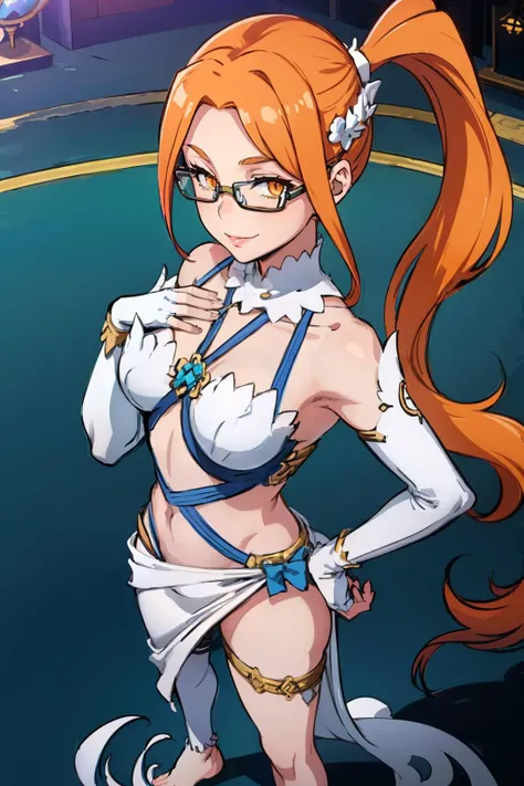 best quality, masterpiece, a cute picture of hinakodesu2, orange hair, (orange eyes:1.2), glasses, (ponytail:1.2), asymmetrical legwear, single white pantsleg, gloves, barefoot, anklet, jewelry, (white dress:1.1), fingerless gloves, elbow gloves, pendant, necklace, white dress, white gloves, blue ribbon, cowboy shot, dutch angle, simple background, water, fantasy, standing, looking at viewer, smile, from above, hand on own chest, <lora:Hinako_Fp:0.8>, <lora:azura:0.8>