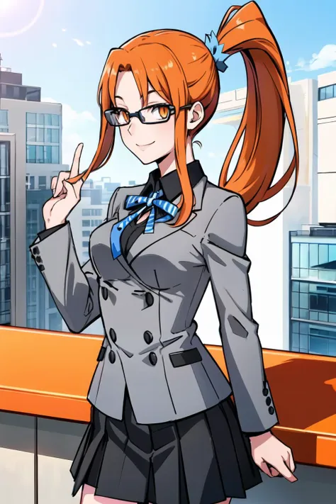 best quality, masterpiece, a cute picture of hinakodesu2, orange hair, (orange eyes:1.2), glasses, (ponytail:1.2), (grey school uniform:1.2), ribbon, skirt, cowboy shot, school rooftop, standing, looking at viewer, smile, <lora:Hinako_Fp:0.8>, <lora:Io_Fp:0.8>