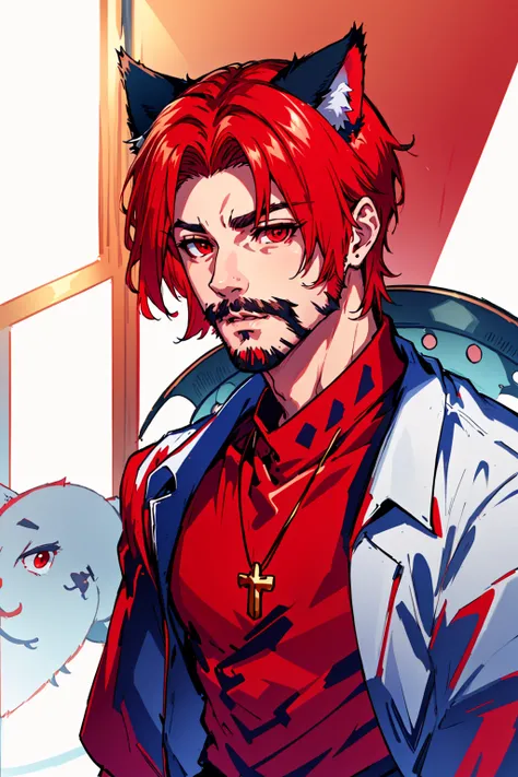 dskcntrst, solo, looking at viewer, shirt, red eyes, 1boy, white background, animal ears, closed mouth, male focus, red hair, cat ears, parted bangs, facial hair, red shirt, portrait, beard, mustache, <lora:ContrastStyle:0.8>