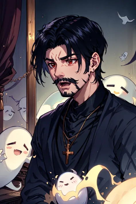 dskcntrst, short hair, open mouth, black hair, long sleeves, 1boy, holding, jewelry, upper body, male focus, necklace, parted bangs, facial hair, cross, ghost, mustache, stubble, cross necklace, priest, <lora:ContrastStyle:0.8>