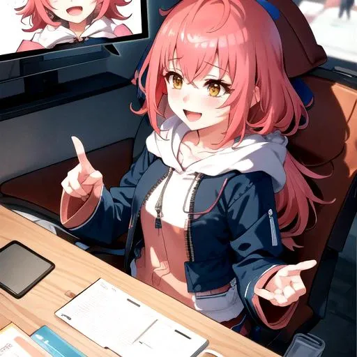 <lora:Kokona-09:0.77>, kokonawds, blush, smile, open mouth, long sleeves, holding, hair between eyes, sitting, jacket, :d, hood, medium hair, hoodie, phone, hood down, cellphone, pointing, smartphone, zipper, holding phone, pink hoodie