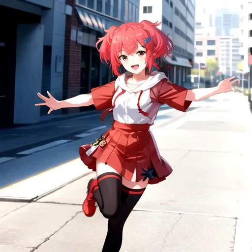<lora:Kokona-09:0.77>, kokonawds, looking at viewer, blush, smile, short hair, open mouth, skirt, hair ornament, thighhighs, hair between eyes, twintails, brown eyes, standing, full body, short sleeves, :d, red hair, pleated skirt, shoes, hairclip, black thighhighs, hood, zettai ryouiki, hoodie, red skirt, standing on one leg, hood down, outstretched arms, red footwear, white hoodie
