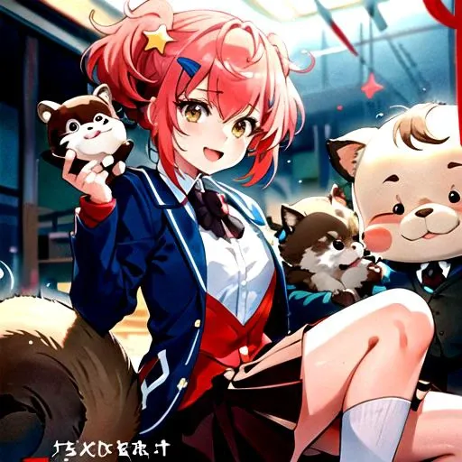 <lora:Kokona-09:0.77>,<lora:GoodHands-vanilla:1>. :d, animal on shoulder, blue jacket, brown eyes, brown footwear, chibi, cleavage, collared shirt, cookie, cover page, dirty, gym uniform, hair ornament, hairclip, hand up, kokonawds, looking at viewer, open mouth, pleated skirt, red dress, red kimono, sash, school uniform, scrunchie, sitting, smile, star (symbol), tanuki, twintails, upper body