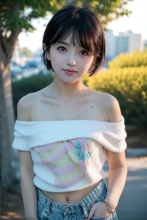 masterpiece, best quality, 1girl, aqua eyes, black hair, closed mouth, multicolored background, looking at viewer, short hair, outdoors, solo, full body, alluring, clean, beautiful face, pure face, pale skin, sexy pose,((camisole, shorts, off shoulder, navel)), cute