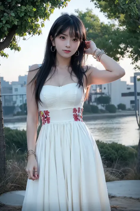 masterpiece, best quality, 1girl, aqua eyes, black hair, closed mouth, earrings, multicolored background, hoop earrings, jewelry, looking at viewer, long hair, outdoors, solo, full body, alluring, clean, beautiful face, pure face, pale skin, sexy pose,((luxury dress)), white dress