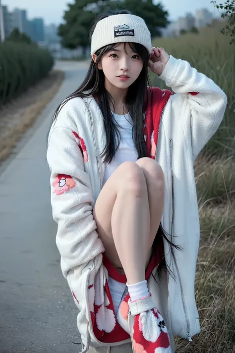 masterpiece, best quality, 1girl, aqua eyes, black hair, closed mouth, multicolored background, looking at viewer, outdoors, solo, full body, alluring, clean, beautiful face, pure face, pale skin, sexy pose,((jacket, hat)), cute, long hair,