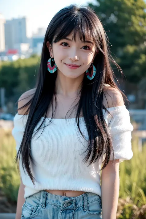 masterpiece, best quality, 1girl, aqua eyes, black hair, closed mouth, earrings, multicolored background, hoop earrings, jewelry, looking at viewer, long hair, outdoors, solo, upper body, alluring, clean, beautiful face, pure face, pale skin, sexy pose,((shorts, camisole, off shoulder )), white skin, navel, smile,