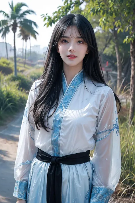 cinematic photo 1girl,brown eyes,(black long straight hair:1.2),(cowboy shot:1.2),looking at viewer,8k uhd,dslr,soft lighting,high quality,film overlay,film grain,Fujifilm XT3,outdoors,photorealistic,realistic,solo,upper body,richly defined face,dewy skin,products shot,(high detailed skin:1.2),detailed face and eyes,natural skin texture,highly detailed skin,textured skin,skin pores,imperfect skin,visible skin detail,detailed skin texture,dynamic pose,windy,young beauty,(hanfu,Extremely detailed blue chinese long embroidery silk robe),(transparent clothes:1.4),outdoors,sun light,<lora:detail_slider_v4:3>,<lora:susuTTSiennasueLocon_siennasue:0.5>,