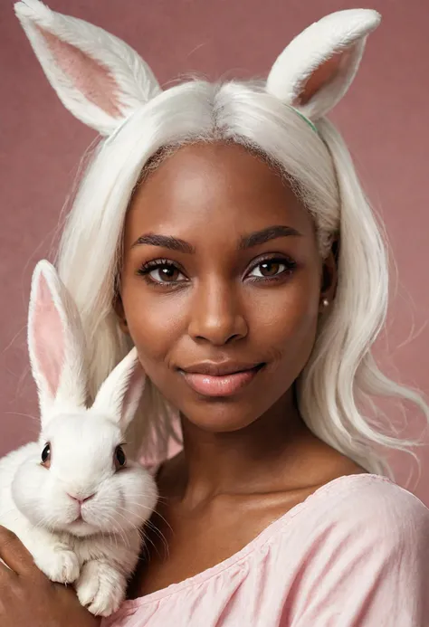 close up down angle potrait of a Nigerian woman with dark skin tones and white hair, fur,whiskers,rabbit ears, holding realistic happy white bunny, striking eyes, smirking expression, uncommon facial features, highly detailed face and skin, perfect eyes looking into camera, wearing a simple pink sun dress, in an Easter studio